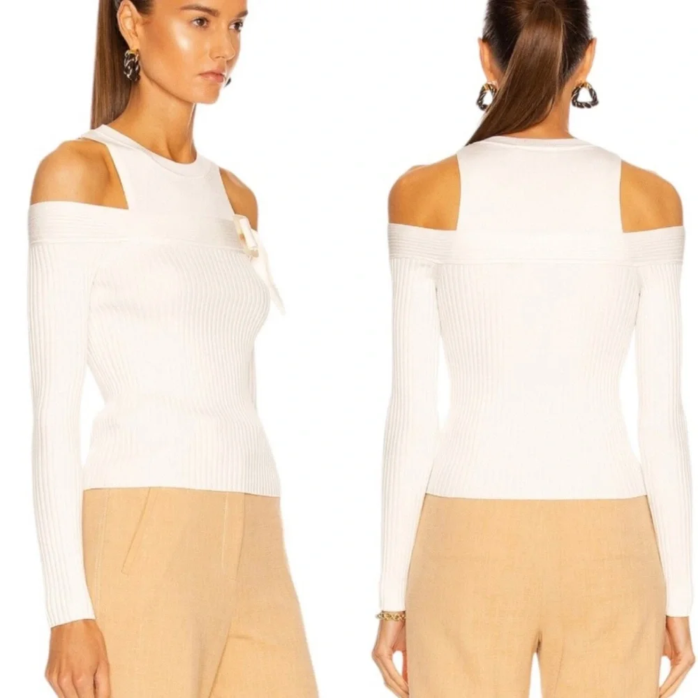 Jonathan Simkhai NWT Mandy Cut Out Cold Shoulder Ribbed Sweater Top White Size L - Picture 1 of 12